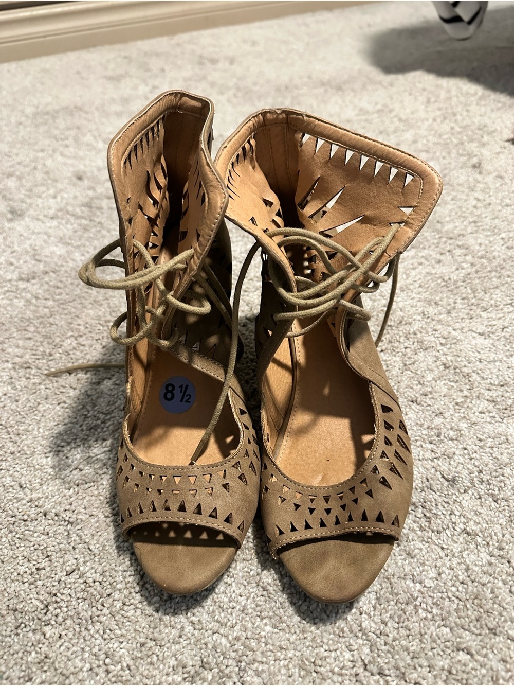 Report Tan Laser-Cut Lace-Up Peep Toe Heels